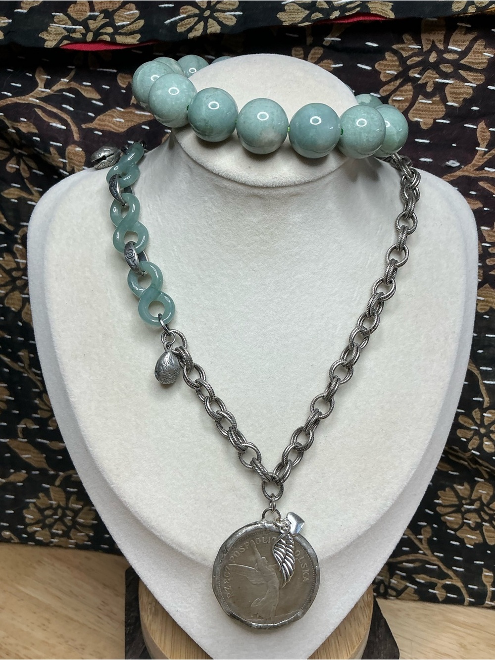 Antique Silver Rollo Necklace 17” with Angel Coin and Blue Water Jade Connectors - Picture 9 of 10